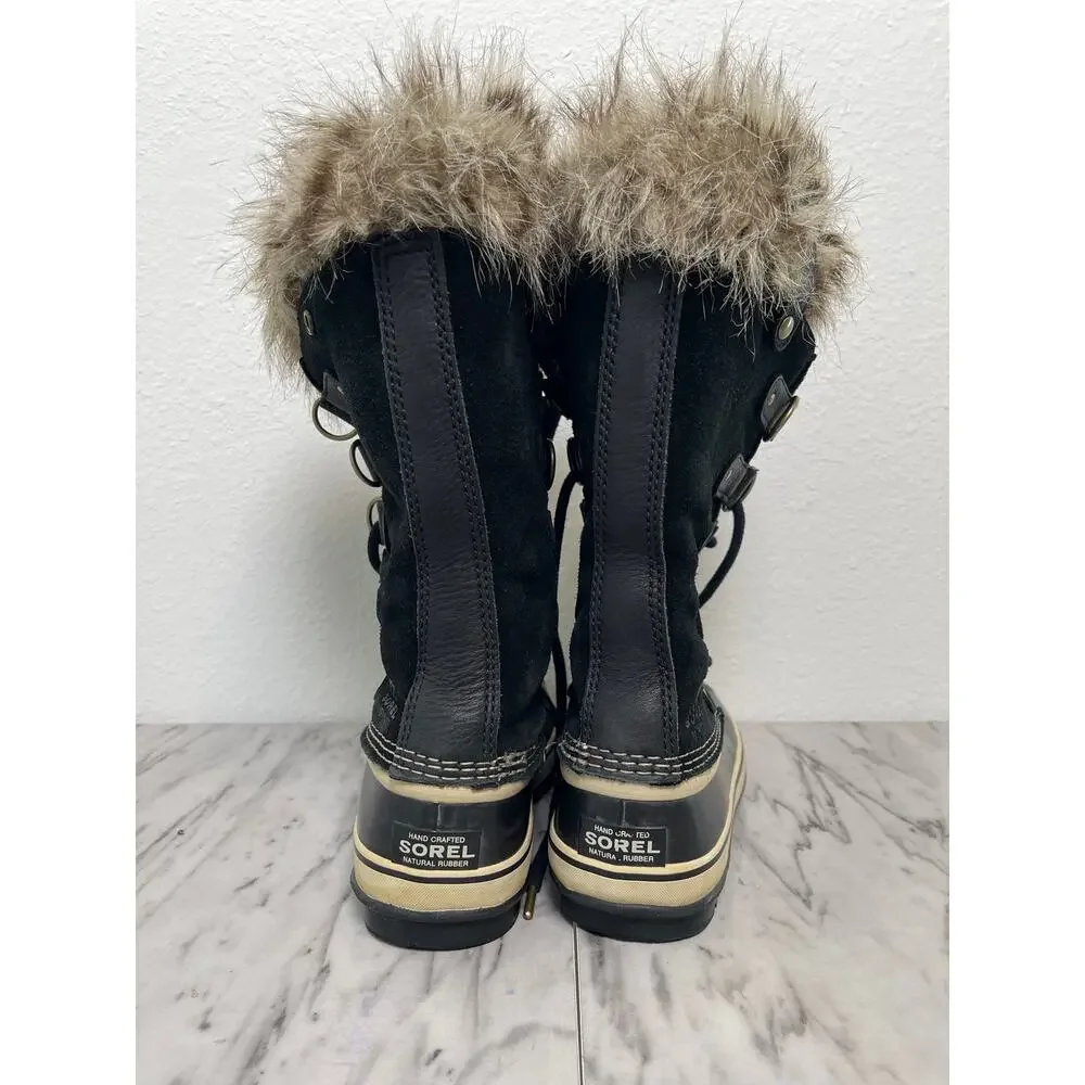 Sorel Joan of Arctic Boots Womens 7 Black Suede Faux Fur Waterproof Winter Snow